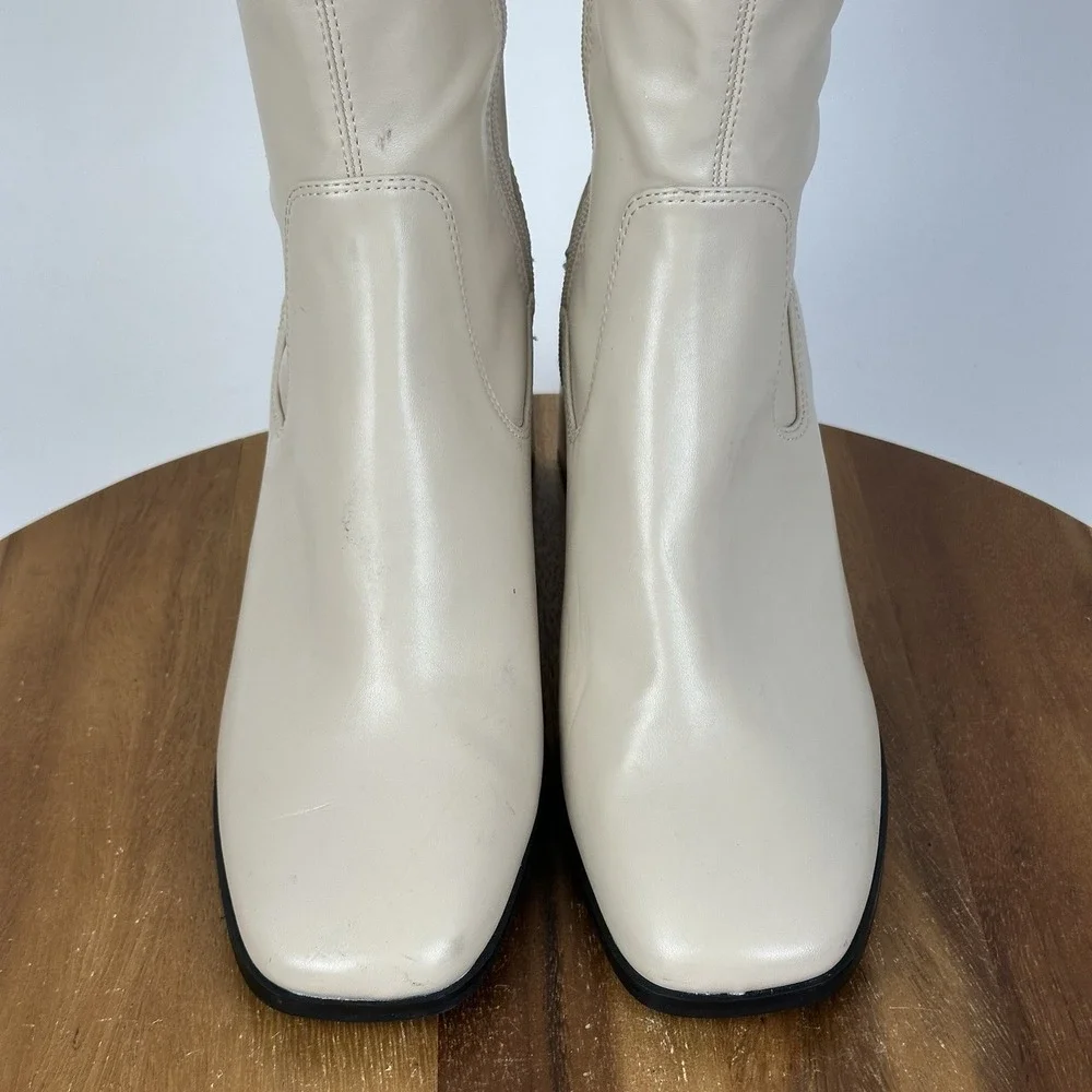New Womens Open Edit Briar Cream Faux Leather Over The Knee Heeled Boots Size 9